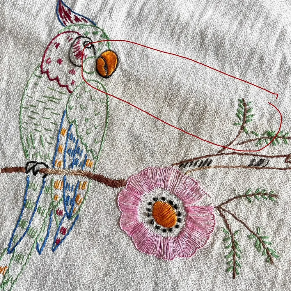Vintage Embroidered Table Runner Vanity / Dresser Scarf Parrot Floral Lace Trim